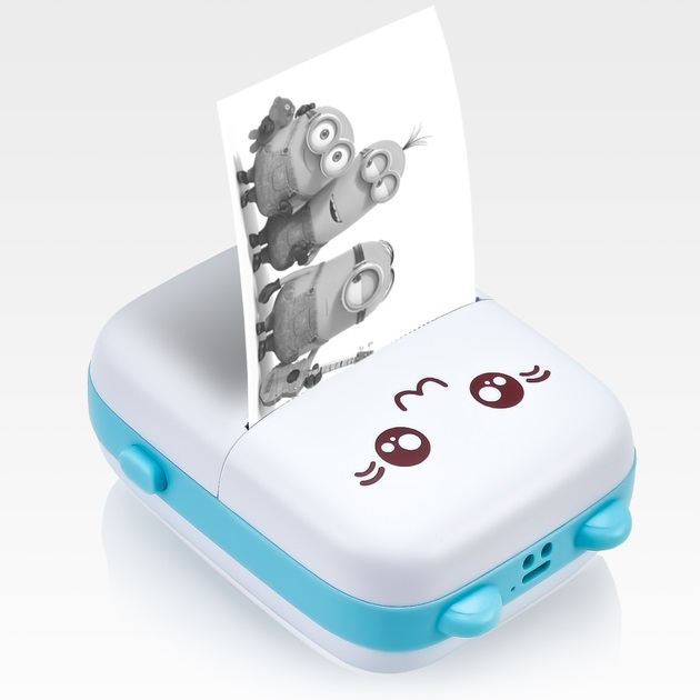 Блакитний Mini Printer друкує чорно-біле зображення міньйонів